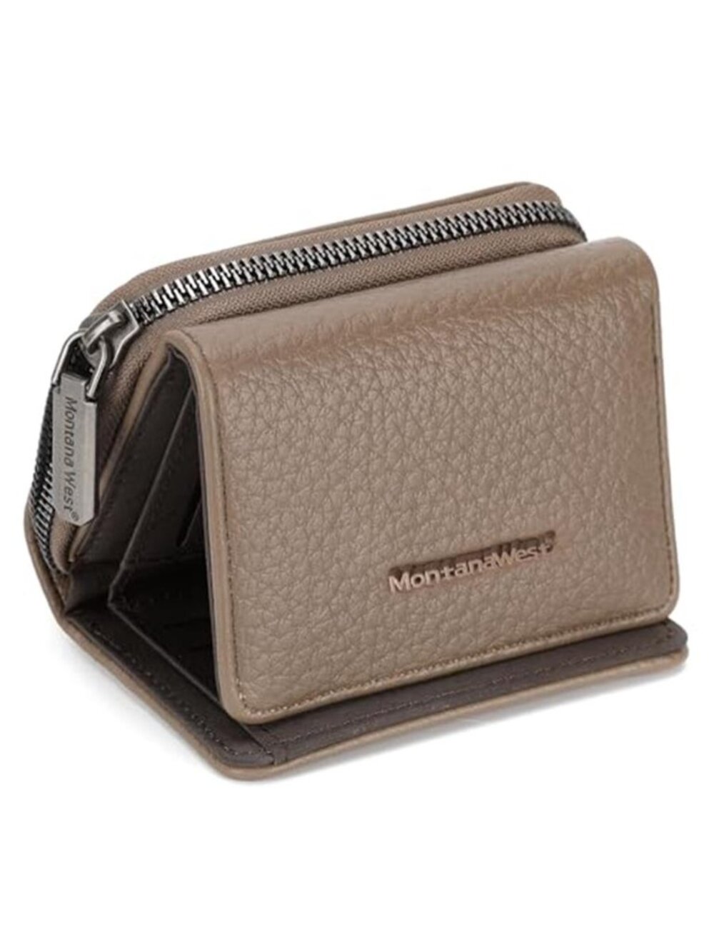 Womens Trifold Wallet Small RFID Blocking Khaki Faux Leather Zipper Coin Pocket